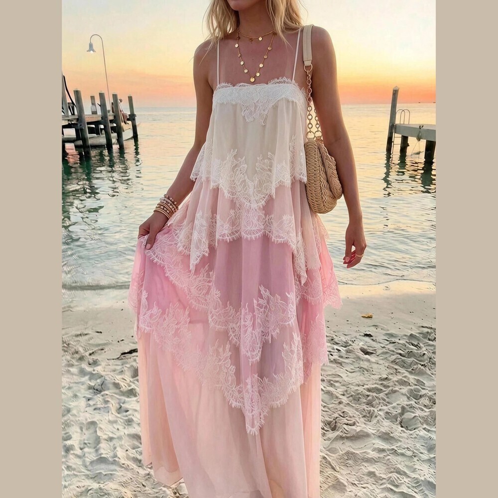 Ombre Cream / Pink Lace Trim Tiered Spaghetti Strap Maxi Dress